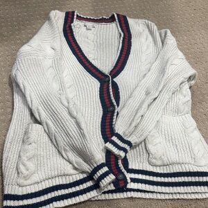 American Eagle Outfitters White Cable Knit Cardigan with Red and Blue Trim